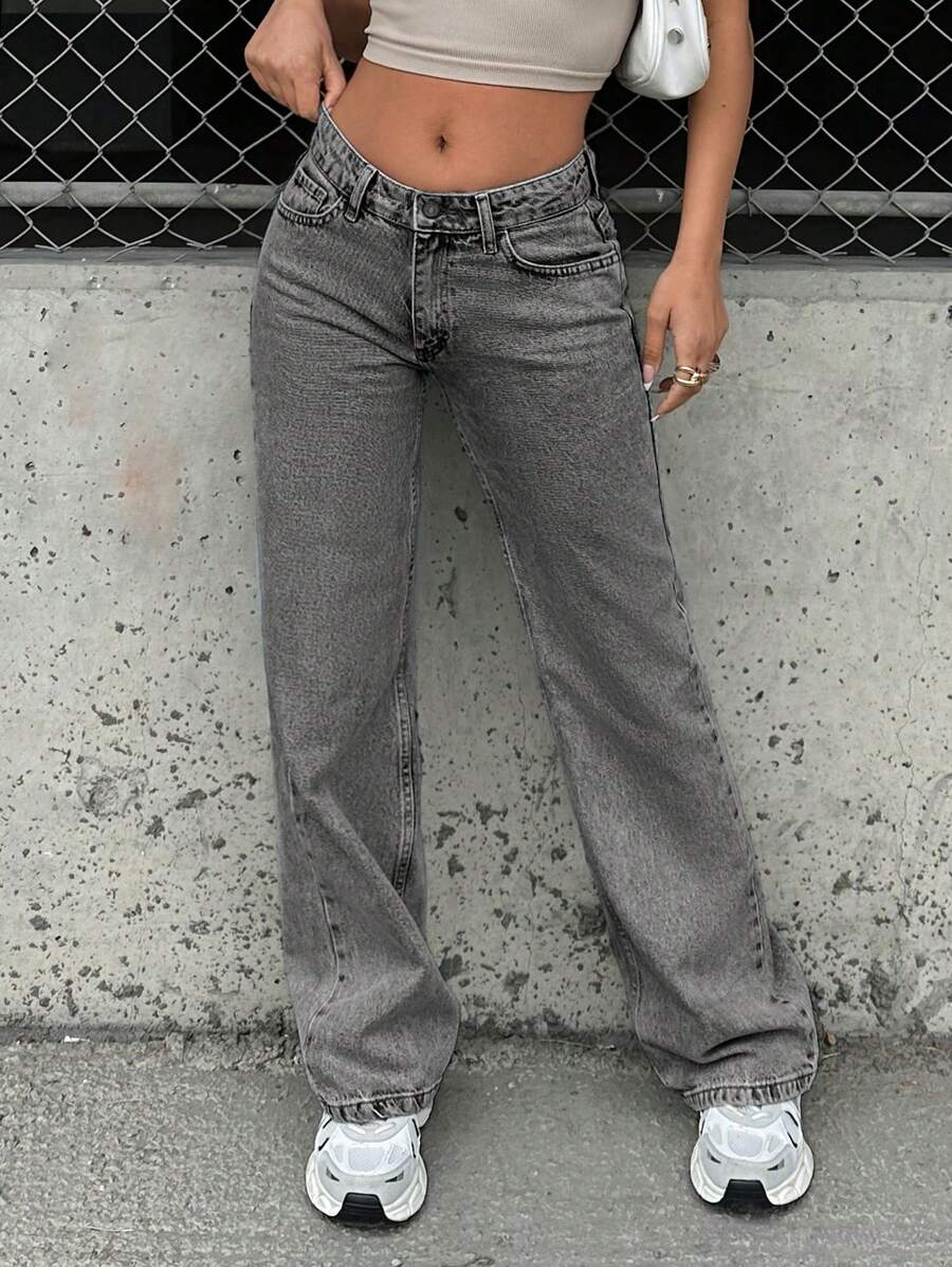 EURMUSE 100%Cotton Petite Low Waist Wide Leg Jeans - Light Grey - View 1
