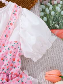 Baby Girl Clothing Baby Girl Dress Pink Floral Print Pattern With Bubbles, Ruffles, Short Sleeves, Horns, Elegant And Casual Summer Versatile Dress Bring A Love Bag - Multicolor - View 8