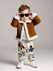 Baby Boy Winter Teddy Lined Zip Up Turndown Collared Motorcycle Jacket - Brown - View 7