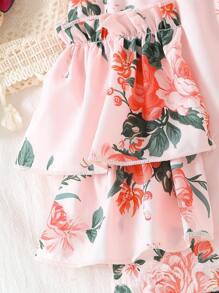Baby Mädchen lässiger Blumen und Blatt Muster geraffte Träger Druckknopf Romper, bequem und stylisch für Innen und Außen, Frühling/Sommer/Herbst - Verschiedenfarbig - Übersicht 4