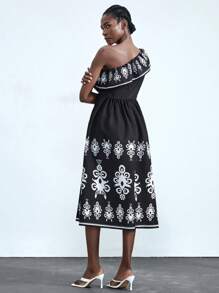 Chiquease Robe mi-longue sans manches pour femmes avec épaule découpée et bordure à volants, imprimé floral