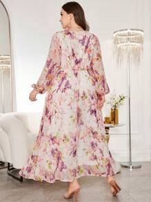 Modelyn Plus Size Women Stylish Elegant Placement Print A-Line Cinched Waist Midi Dress For Spring - Multicolor - View 2