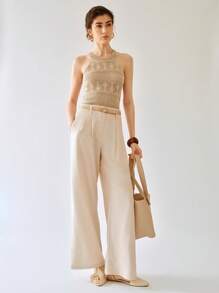 SHEIN Unity Women's Fashionable Linen Double Pockets Straight Leg Casual Pants - Beige - View 3