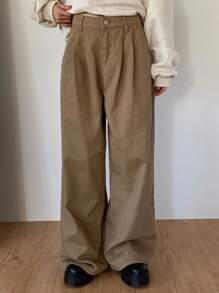 DAZY Women's Solid Color Loose Straight Leg Pants, Business Casual, All Season - Khaki - View 7