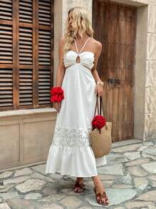 Breezaya Lace Decor V-Neck Beach Dress For Women - White - View 4