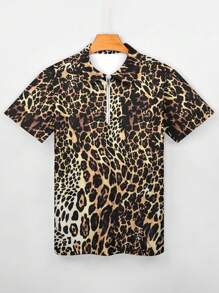 SHEIN Manfinity Dauomo Leopard Print Short Sleeve Men's Polo Shirt - Brown - View 5