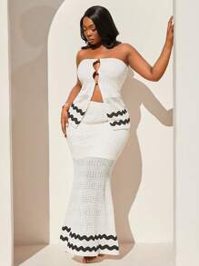 SHEIN SXY Plus Size Women's Spring/Summer Crochet Fabric Strapless Top Paired With Fish Tail Hem Mini Skirt, 2 Pieces Set, Suitable For Date Night, Birthday, Bachelorette Party Outfit, Cute, Casual, Shopping, Streetwear, Going Out, Easy To Match & Looks Slim, Accentuates Your Body, Flattering Fit