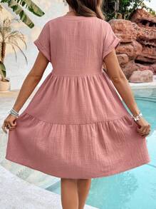 SHEIN Maternity Solid V-Neck Butterfly Sleeve Ruffle Hem Casual Dress - Pink - View 2