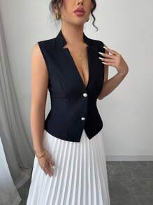 Chiquease 2-teiliges Damen Set: Einreihige Kragen Weste und plissierter Rock