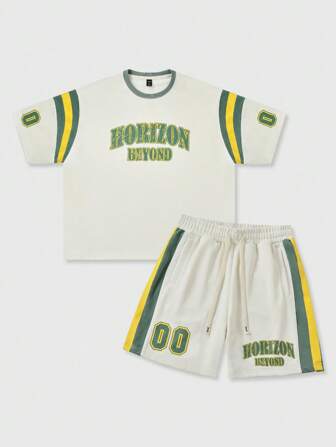 Prep Conjunto de camisetas para hombre de peso pesado con estampado de colores contrastantes en parches