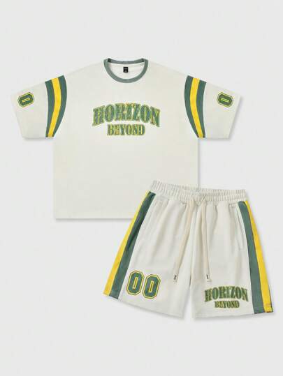 Prep Set di magliette da uomo con stampe a colori a contrasto in patchwork, di peso elevato