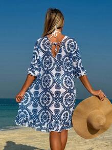 Swim Lushoire Robe ample de couvre-chef en mousseline de soie à manches 1/2 et col en V avec imprimé végétal pour femmes, robe ample d'été à motif floral de porcelaine pour la plage et les vacances
