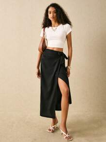 Poéselle 素色圍裹側打結半身裙 - 黑色 - 查看 2