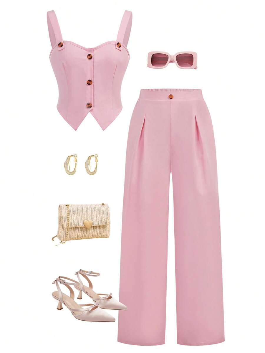 Sparklyn 2pcs/Set Teen Girl Elegant Casual Pink Outfit, Includes Pink Cami Top And Wide Leg Pants, Suitable For Daily Wear, Travel Or Holiday,Holiday,Summer,Travel - Pink - View 1