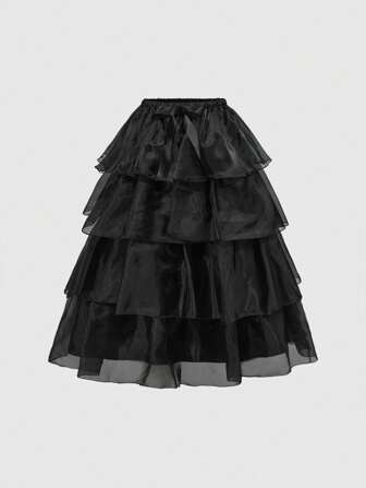 Goth Jupe à volants multicouche, décor de nœud tulle moelleux