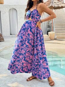 SHEIN Maternity Holiday Casual Floral Allover Print Twist Cut Out Open Back Dress