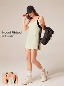 GLOWMODE Modal Ribbed Easy Move Spaghetti Straps Romper Jumpsuit With Side Large Pocket Daily Casual Spring Summer