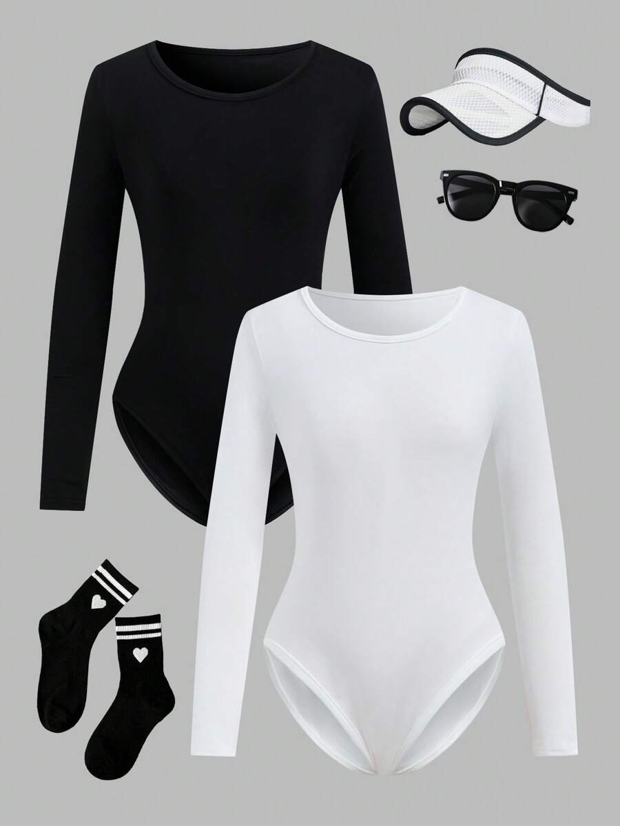 Sparklyn 2 件套青少年女孩纯色圆领舞蹈和体操紧身衣，弹性修身春夏长袖紧身衣 - 黑與白 - 查看 1