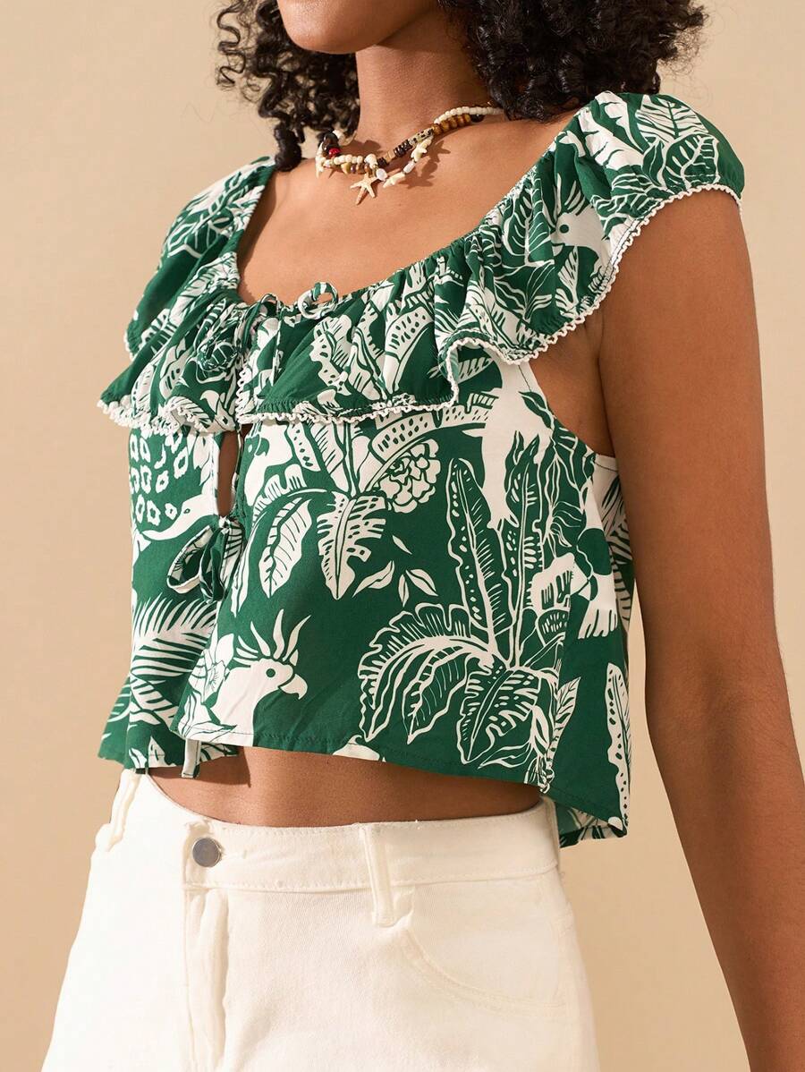 Travachic 前系带极简热带印花系带衬衫，休闲度假风，夏季女装，夏季上衣 - 綠色 - 查看 1