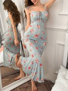 CottageSlumber Women's Floral Print Spaghetti Strap Ruched Fishtail Midi Nightdress, Spring/Summer - Multicolor - View 5