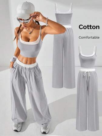 Coolane Women's  Summer Casual Sport Knit Two Fake Pieces  Tank Tops & Sweatpants  Going Out Sets,2pcs,Back To School Clothes