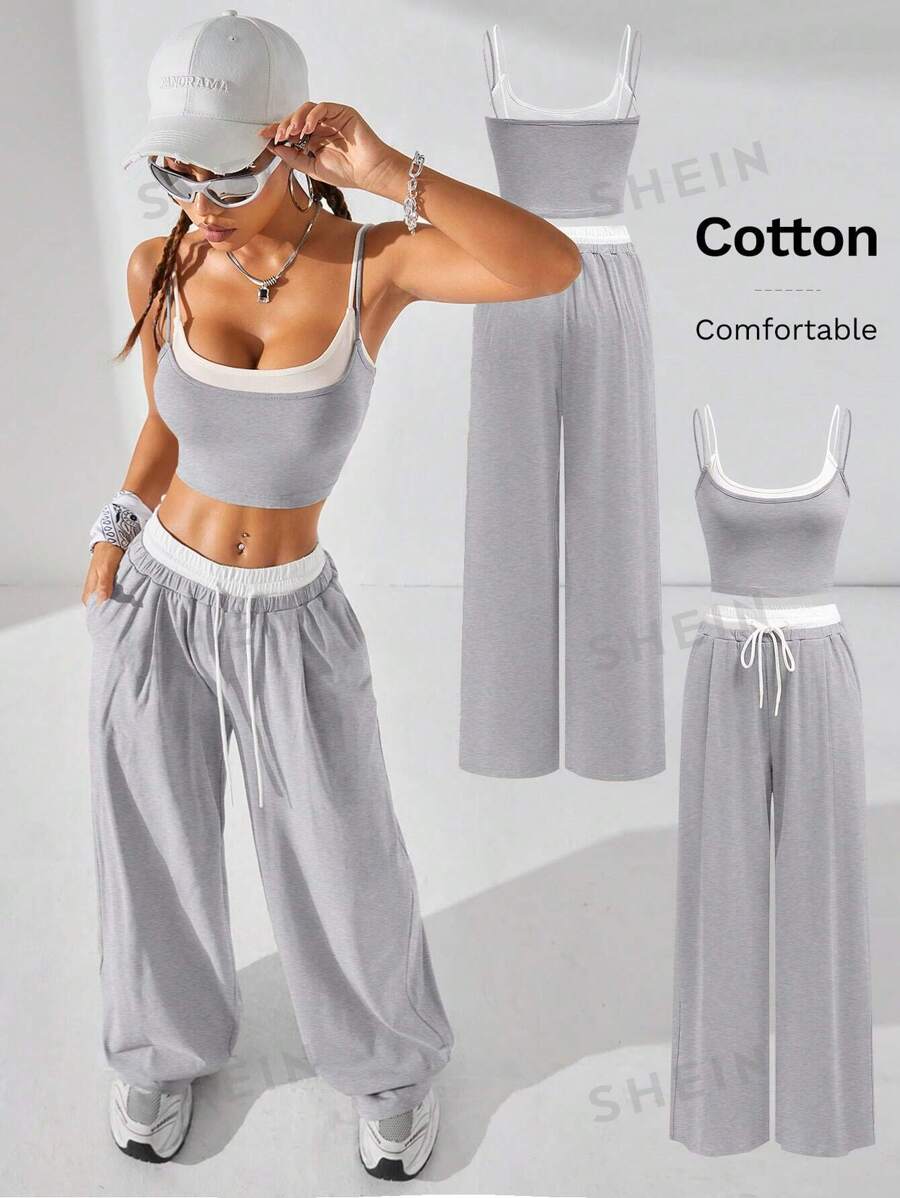 Coolane Conjunto de ropa de calle de primavera/verano para mujer con estilo, parte superior de tirantes finos con diseño de bloques de color + pantalones de color contrastante