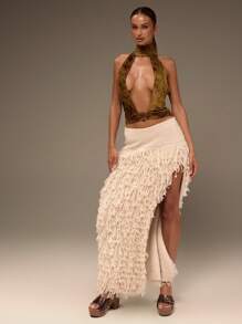 MUSERA 蓬松做旧针织侧开衩长裙 西部波西米亚风、波西米亚风、女牛仔风、节日风、音乐会风、伊比沙岛风 - 灰色 - 查看 1