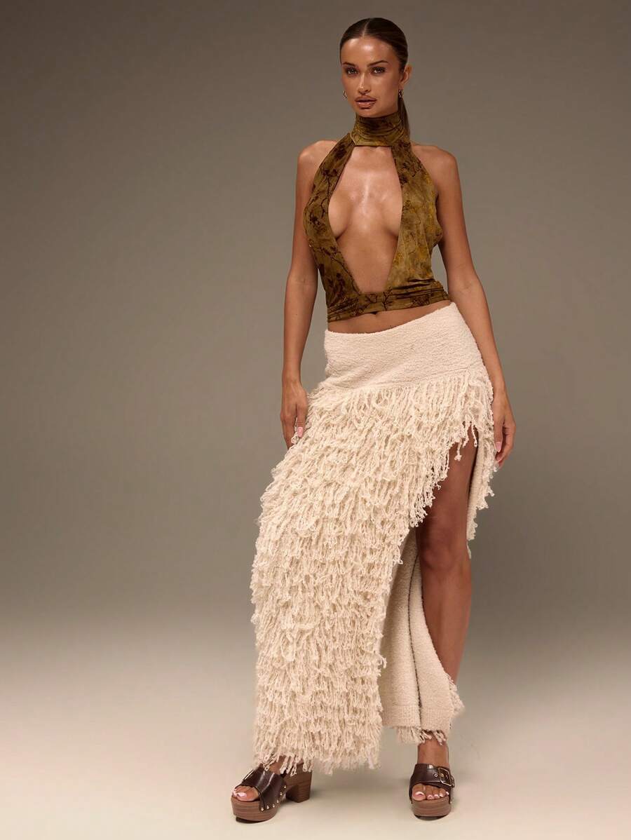 MUSERA 蓬松做旧针织侧开衩长裙 西部波西米亚风、波西米亚风、女牛仔风、节日风、音乐会风、伊比沙岛风 - 灰色 - 查看 1