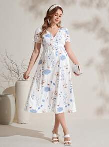 SHEIN Vestido de maternidad con cuello cruzado en V, manga corta y volantes para la primavera