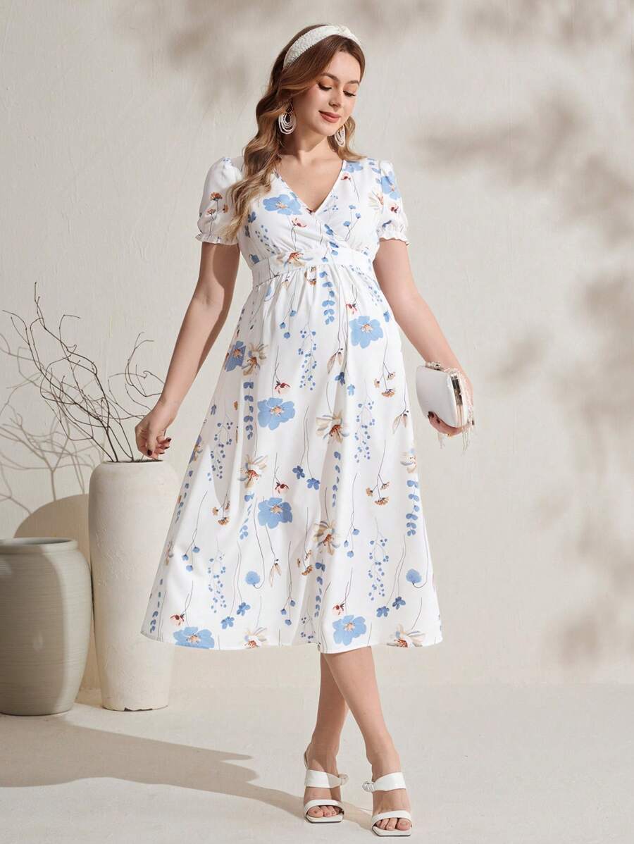 SHEIN Vestido de maternidad con cuello cruzado en V, manga corta y volantes para la primavera