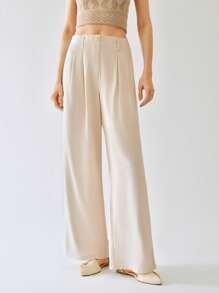 SHEIN Unity Women's Fashionable Linen Double Pockets Straight Leg Casual Pants - Beige - View 5