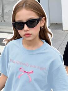 SHEIN Leap Crew 青少年女孩休闲简约设计两件套短袖套装，适合春夏季 - 藍色 - 查看 4