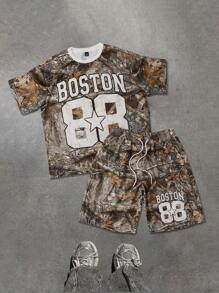 Manfinity EMRG Bộ áo phông thường ngày cổ tròn tay ngắn in chữ và quần short cạp rút cho nam - Nhiều màu - Xem 3