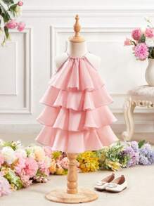 SHEIN Fern Glow 女婴夏季可爱粉色优雅欧根纱连衣裙 - 粉色 - 查看 5