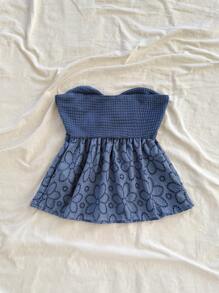 Soleia 女士度假夏季可爱扭纹前开孔刺绣白色露肩上衣 - 霧霾藍 - 查看 2