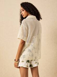 Poéselle Chaqueta camisa hueca para mujer, camisa de vacaciones, ropa de vacaciones de verano en la playa, blusa holgada de punto de unicolor casual para mujer, ropa bohemia chic