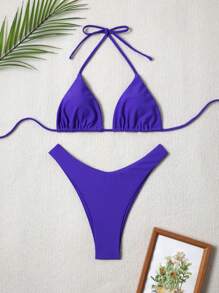 SHEIN Swim 女士露背泳衣套装，简约时尚，适合日常休闲穿着 - 紫色 - 查看 1