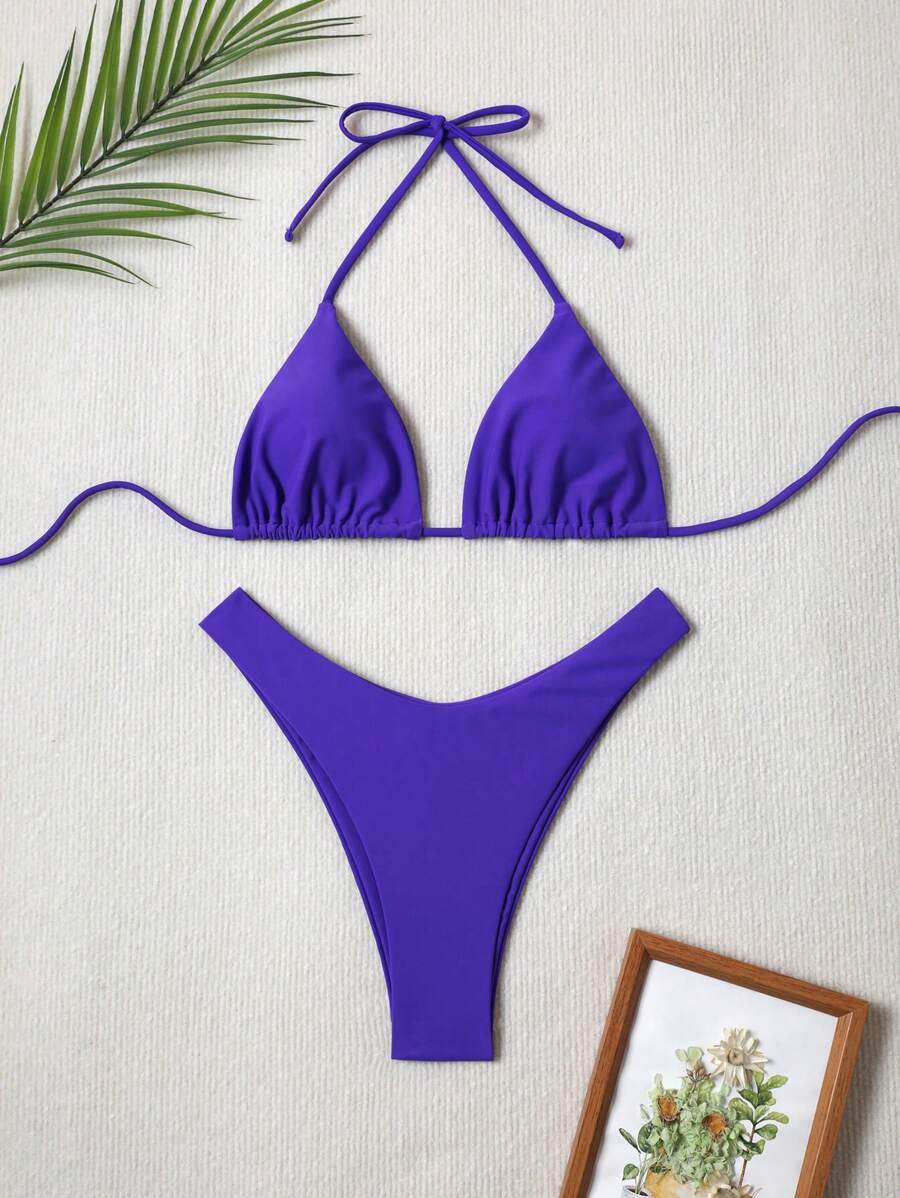 SHEIN Swim 女士露背泳衣套装，简约时尚，适合日常休闲穿着 - 紫色 - 查看 1