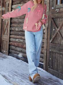 Aveloria Affinna Maglione lento donna alla moda e colorato con decorazione a fiocco, design di stile, maglione oversize