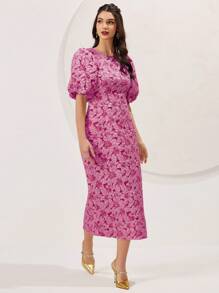 Modelyn Women's Yellow Puff Sleeve Round Neck Dress Maxi Women Outfit Long Evening Dresses
