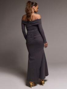 MUSERA Slinky Bardot Draped Maxi Dress Wedding Guest, Elegant, Summer Long Dress - Grey - View 4