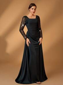 Serin 优雅黑色透明长袖奢华珠子和亮片混合缎面美人鱼拼接垂褶开衫，适合婚礼、派对、节日、宴会、新娘、新娘母亲 - 藏蓝色 - 查看 2