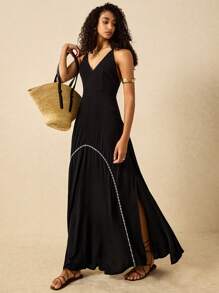 Poéselle Women's Dresses Braided Trim Comfortable Maxi Dress Women's Resort Style Patchwork Trim Halter Dress Summer Women Dresses Sundress Summer Women Outfit Boho Dress Summer Clothes Summer Dress Black Dress Beach Women Dresses Western Wear Women Spring Women Dresses Spring Women Outfits Spring Dress Festival Outfits Women Clothing - Black - View 1