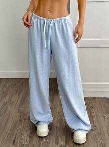 SHEIN EZwear 柔软针织宽松休闲裤，秋冬 - 藍色 - 查看 3