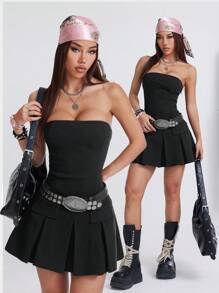 SHEIN EZwear Women's Spring/Summer Vintage Basic Strapless Solid Color Pleated Simple Black Dress For Festival - Black - View 6