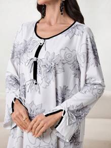 Al Najma Vestido largo maxi de mujer con cuello redondo, lazo y estampado floral elegante y romántico, vestido abaya modesto