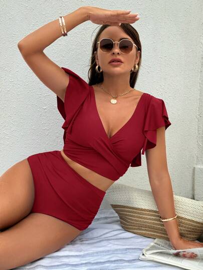 Swim Chiccia Women Solid Color Swimwear Sets, Simple And Fashionable For Casual Daily Wear For Summer Beach Vacation