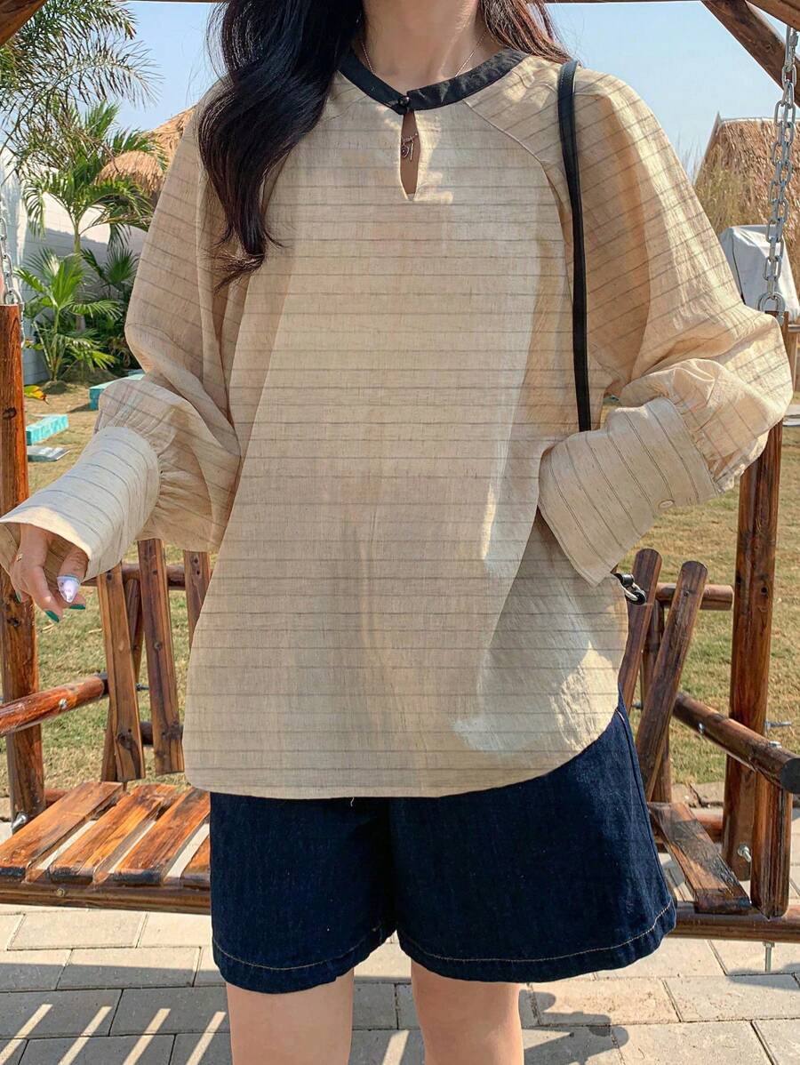 FRIFUL Áo cánh Mori phong cách kẻ sọc Colorblock rộng rãi bằng vải lanh cho nữ - trắng - Xem 1