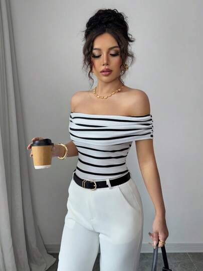 Elenzga Camiseta de hombros descubiertos a rayas elegante y vintage de estilo francés, apropiada para uso casual y de vacaciones bohemias