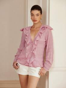 Aveloria Rosie French Elegant Ruffle V-Neck Bishop Sleeve Loose Textured Blouse For Women, Pink Long Sleeve Style Fall Cloth For Women
